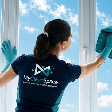 Femme nettoyant une fenêtre avec des gants bleus.