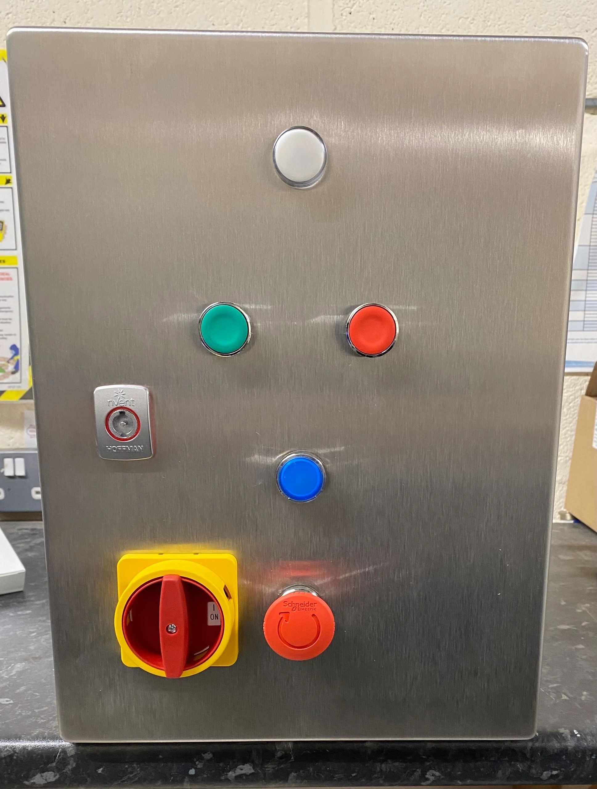 Stainless steel bespoke control panel with isolation, emergency stop and control buttons 