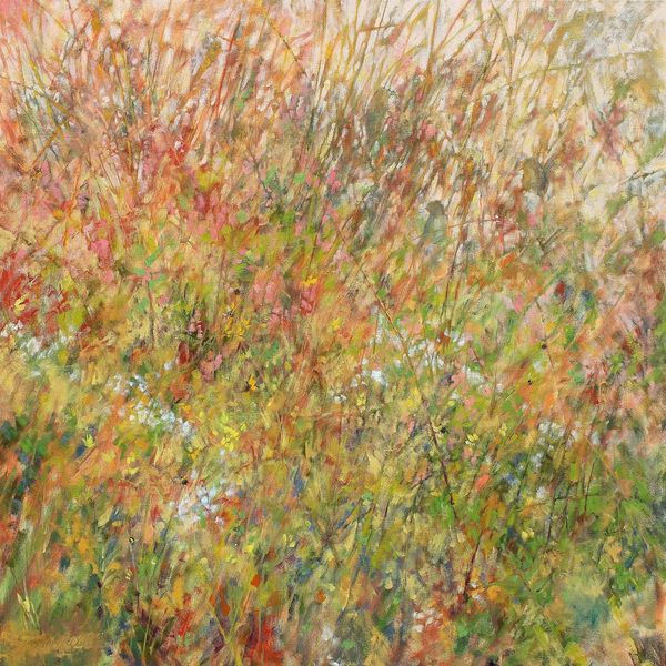 a tangle of grasses and birds in oranges, pinks and greens