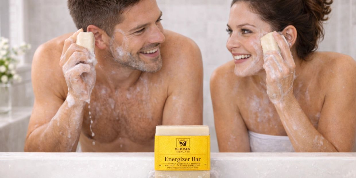 Smiling couple washing faces with soap bars in bathroom mirror.