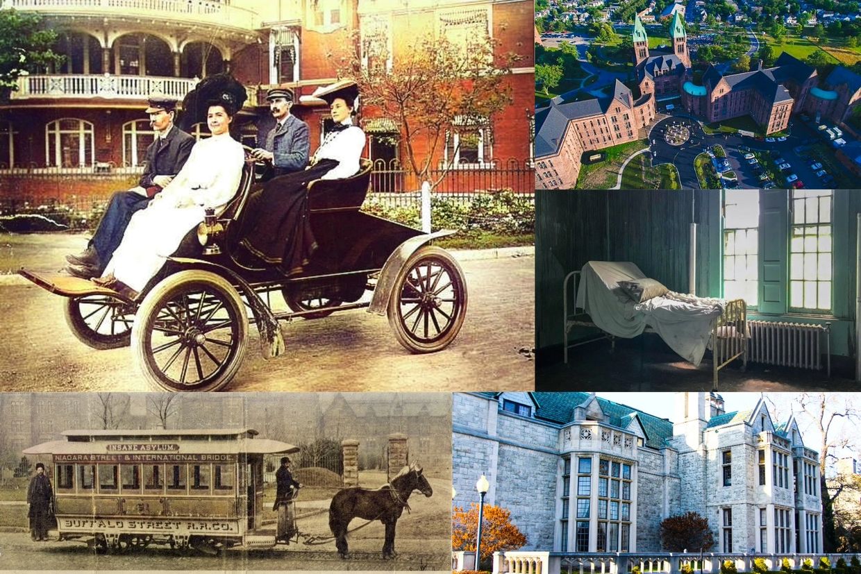 Historical images of an old hospital and asylum with vintage transportation and a patient room.