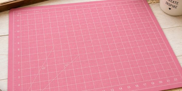 Pink cutting mat with grid lines on a wooden table.