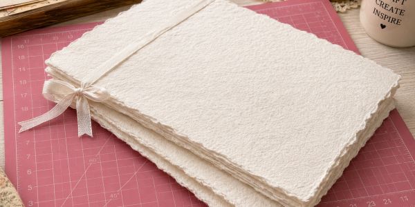 Stack of handmade paper tied with ribbon.