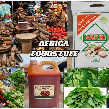 Collage showcasing African staple foods like cassava, garri, palm oil, and leafy greens at a market.