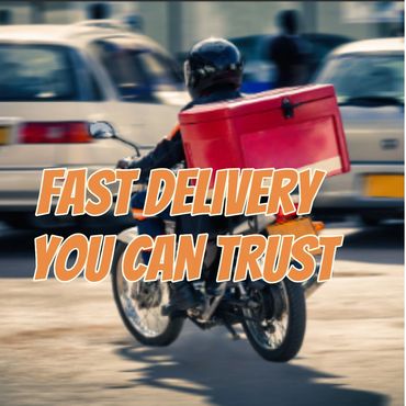 Delivery rider on a motorcycle with a red box, emphasizing fast, reliable service.
