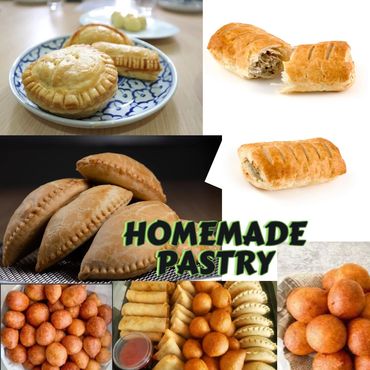 Assorted homemade pastries and fried snacks arranged on plates and baskets.
