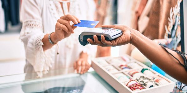 Person paying with credit card in a jewelry store.