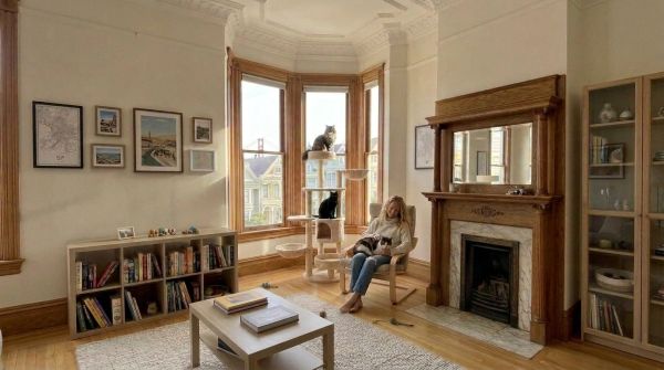 Woman cat sitter providing companionship to three cats in a in a cozy San Francisco living room.