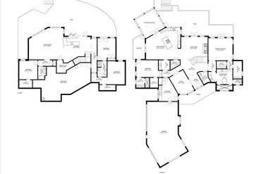 Detailed two-floor home floor plan with multiple bedrooms, living spaces, and outdoor areas.