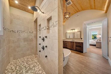 Spacious bathroom with tiled walk-in shower and wooden ceiling.