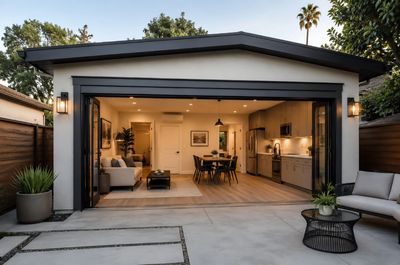 Modern open-concept living space with large folding glass doors.