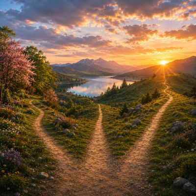 Sunset over a forked path in a mountainous landscape.
