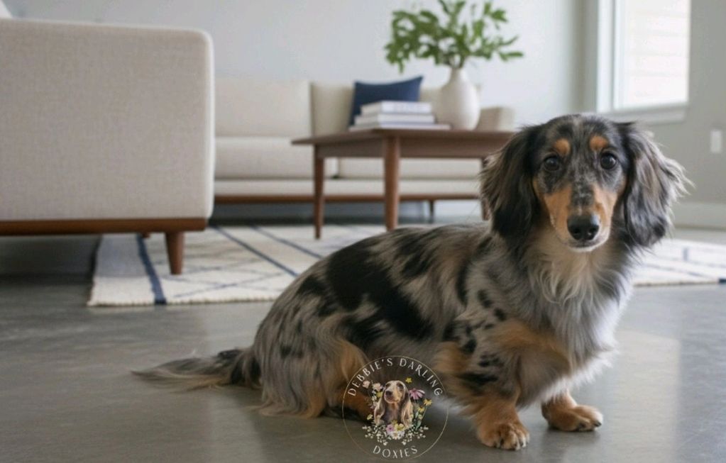 A long-haired dachshund sitting indoors on a polished floor.
