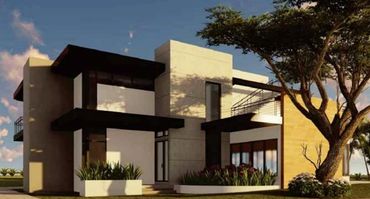 Modern two-story house with clean lines and large windows.