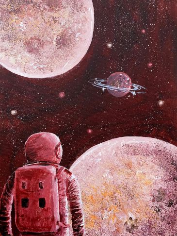 Astronaut gazing at planets and rings in a vibrant cosmic scene.