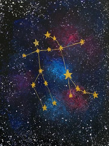 Golden constellation stars against a colorful cosmic background.