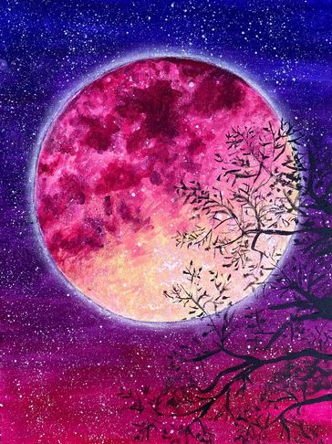 Vibrant pink and purple full moon with silhouetted tree branches against a starry night sky.