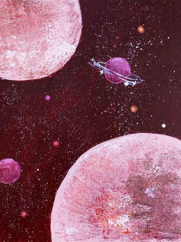 Abstract cosmic scene with pink planets and stars in deep space.