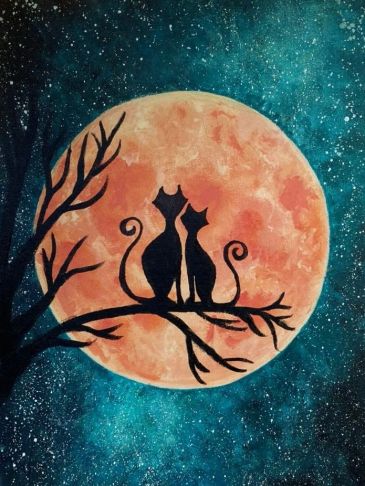 Silhouettes of two cats sitting on a branch against a large orange moon.