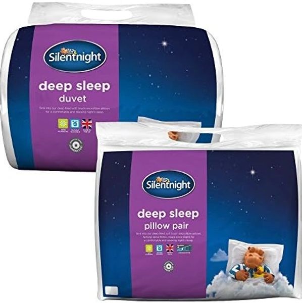 Silentnight deep sleep duvet and pillow pair packaging with a sleeping hippo illustration.