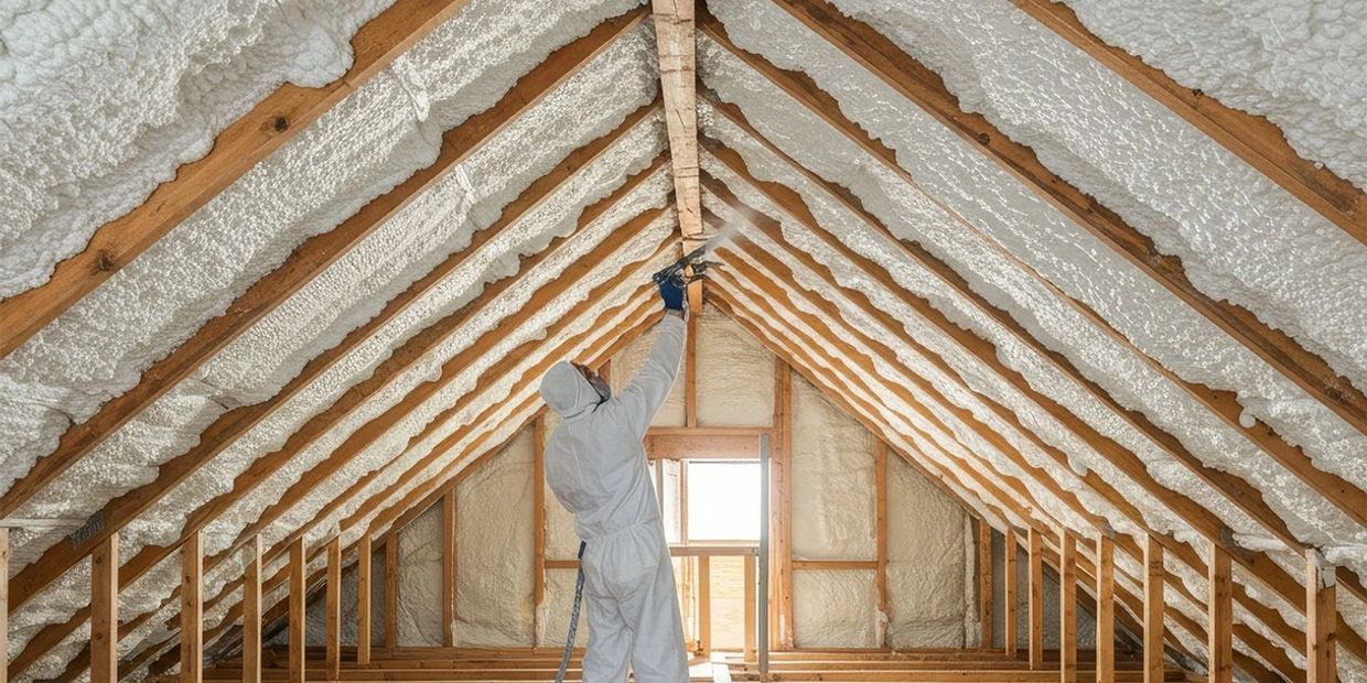 Worker spraying foam insulation in an attic with wooden beams.