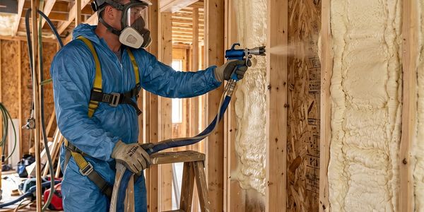Worker sprays foam insulation onto wooden wall framing inside a building.