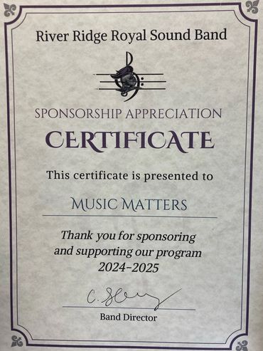 Music Matters certificate of appreciation River Ridge Royal Sound Band