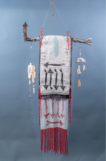 "Trail Shawl", 2024
6'
Wood, paint, pins, beads, yarn, fabric, thread, printmaking, wire, metal