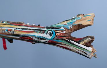 Wood detail of "Trail Shawl"
Paint, pins, wood
Purchased by Great Plains Art Museum for their perm