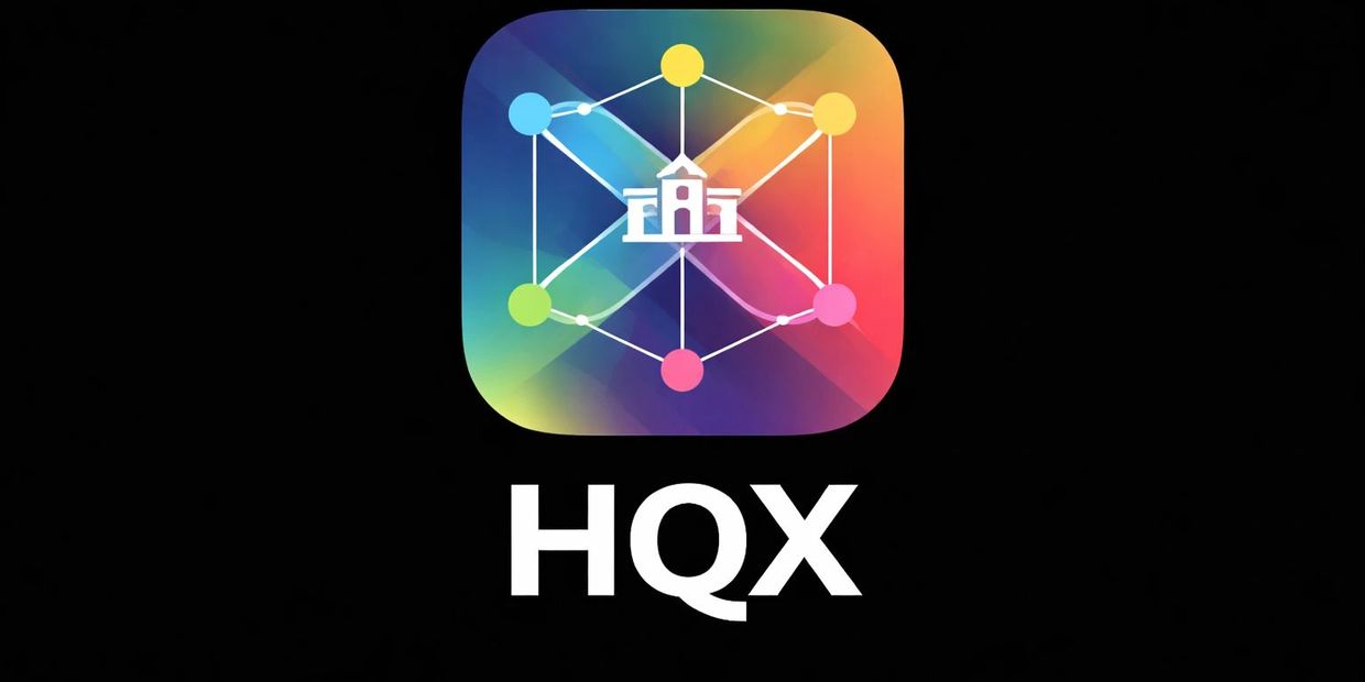 Colorful HQX logo with interconnected nodes and a building icon.
