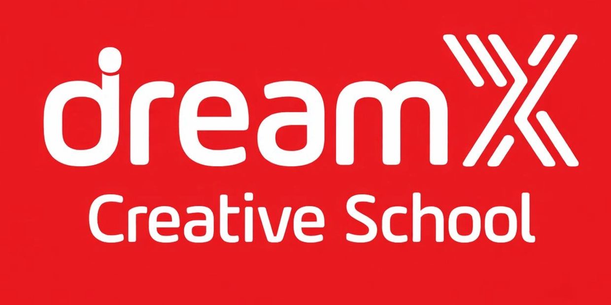 Logo of DreamX Creative School in white on a red background.