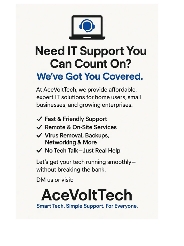 IT support advertisement for AceVoltTech offering affordable solutions.