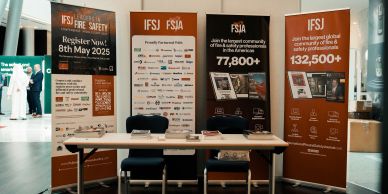Trade show booth for IFSJ Fire Safety conference registration.