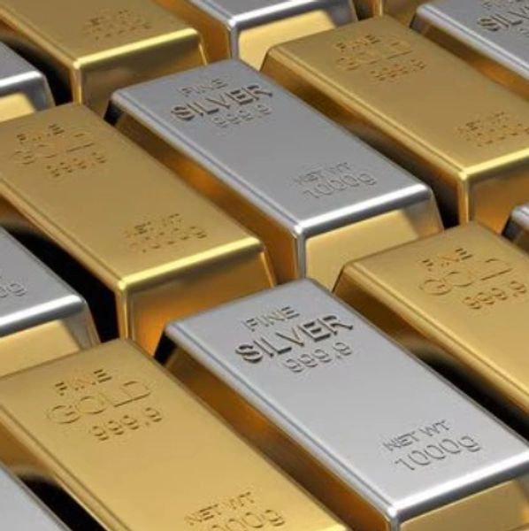 Stacked gold and silver bars with fine purity markings.