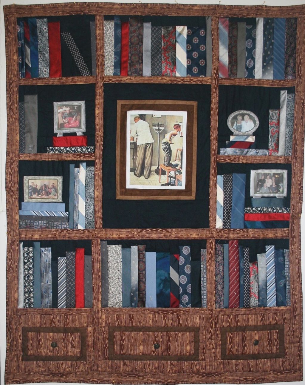 One of a kind!  This combines quilting with neck ties, digitized photos on fabric, and piecing.