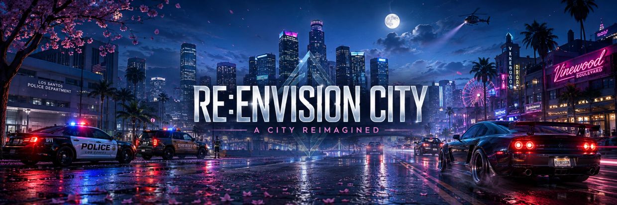 Night cityscape with police cars, sports cars, and neon lights.