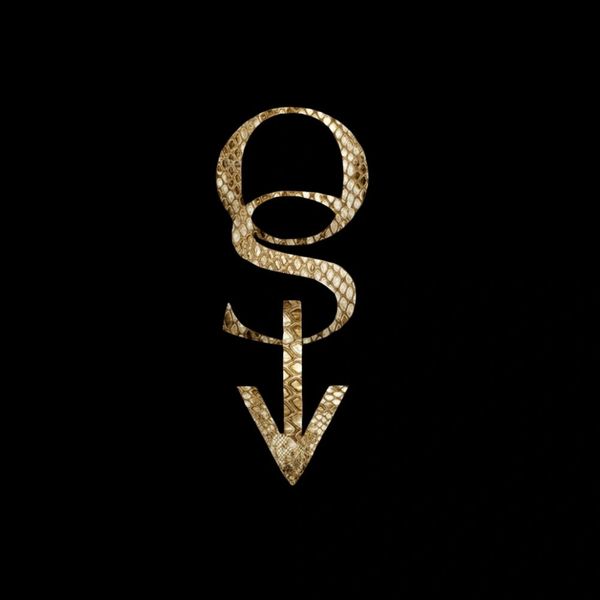 Stylized golden symbol with snake texture on black background.