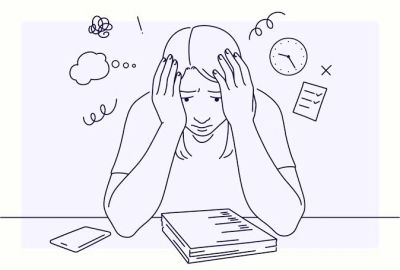 Person stressed over studying with thoughts and distractions.