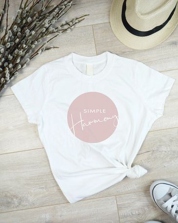 White T-shirt with "Simple Harmony" design.