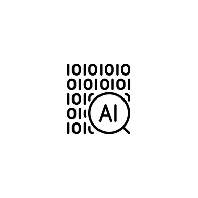 AI icon with binary code and magnifying glass.