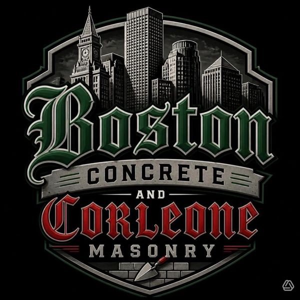 Logo for Boston Concrete and Corkleone Masonry with cityscape.