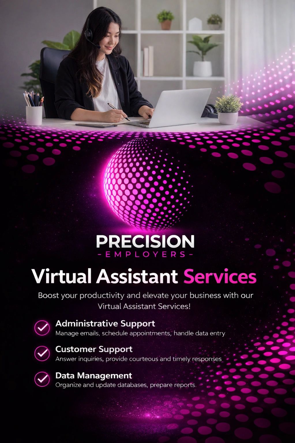 Virtual Assistant Services by Precision Employers with administrative, customer support, and data management.
