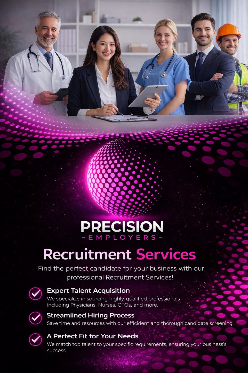Diverse professionals represent recruitment services by Precision Employers, highlighting expert talent acquisition and streamlined hiring.