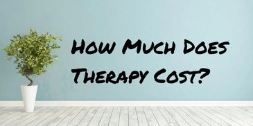 Text on wall reading 'How Much Does Therapy Cost?' with a potted plant beside it.