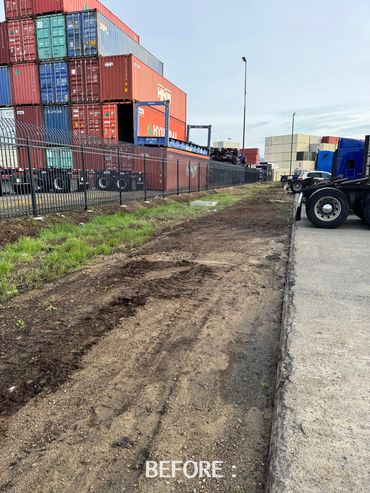 Dirt path with tire tracks near stacked shipping containers and trucks.