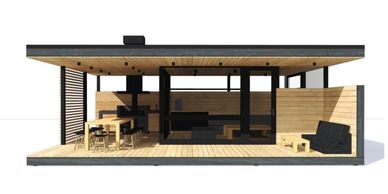 Modern minimalist open-plan wooden house with large glass windows.