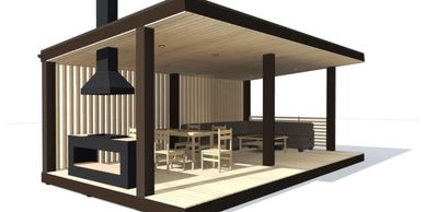 Modern open-air patio with dining and seating areas under a flat roof.
