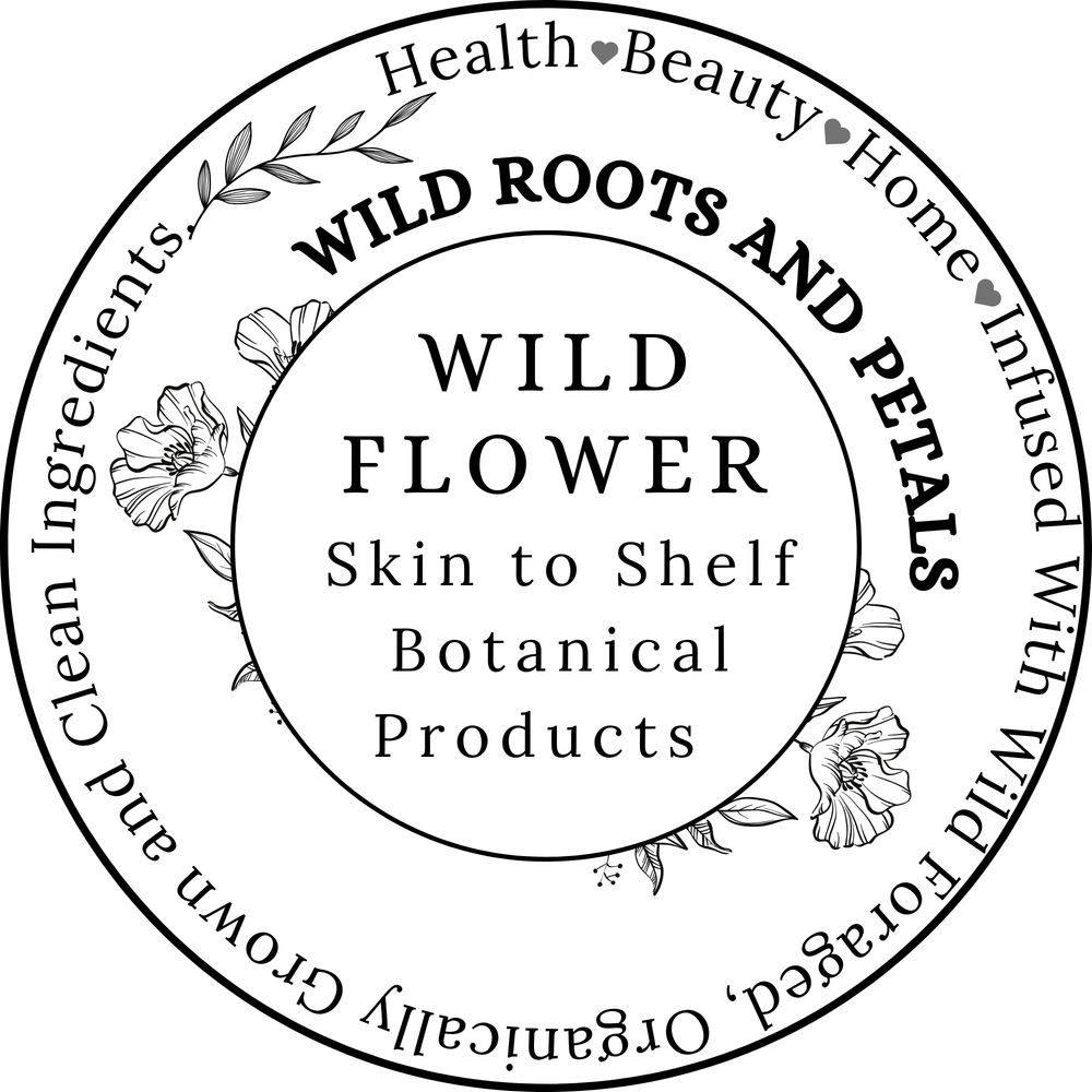 Logo for Wild Roots and Petals botanical skincare products with floral design.