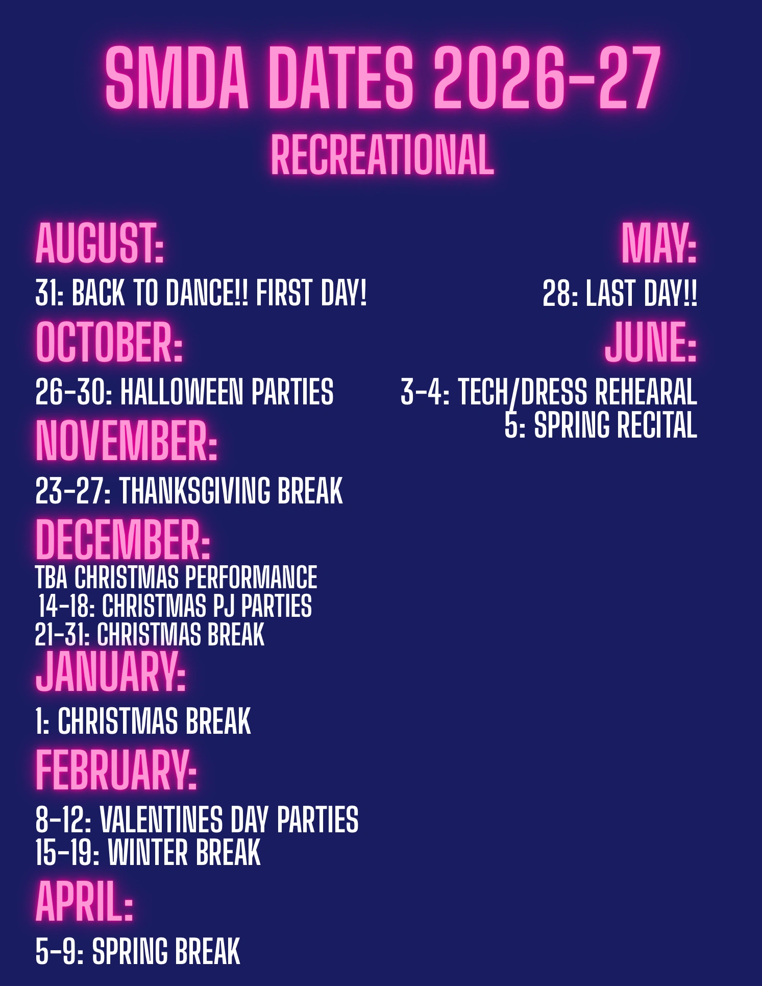 SMDA 2026-27 recreational dance schedule with key dates and breaks.