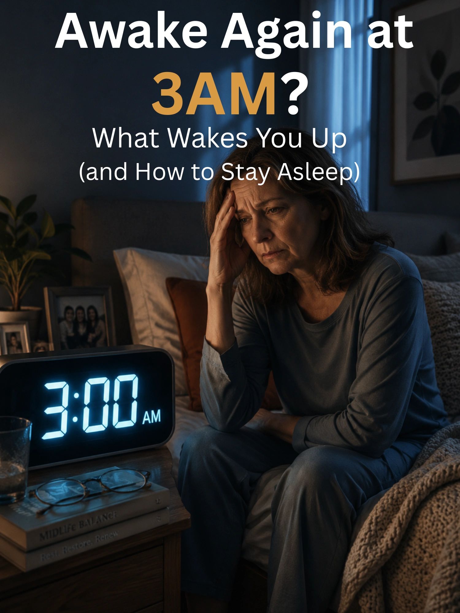 Woman awake at 3 AM, struggling to sleep in a dimly lit bedroom.